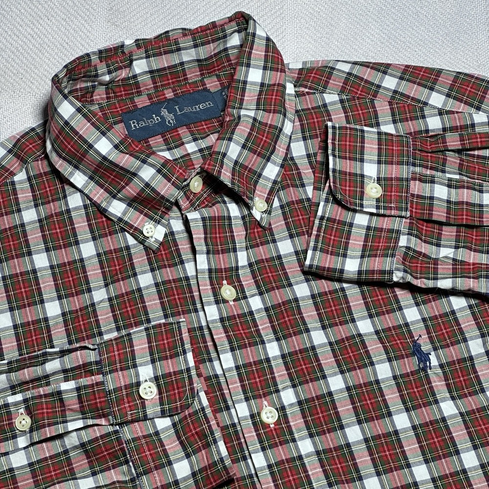Ralph Lauren Button Down‎ Shirt Mens Large Red Tartan Plaid Cotton Navy Pony